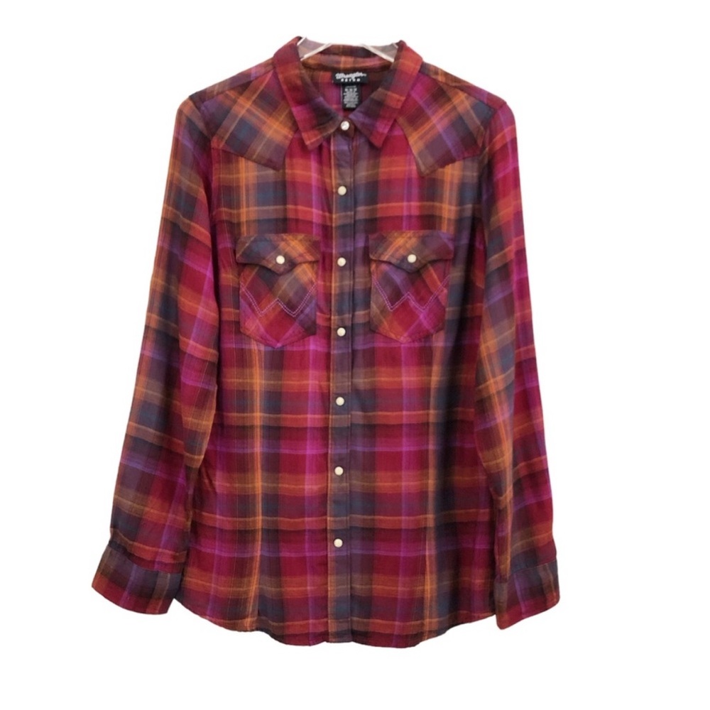 Wrangler | Pearl Snap Retro Flannel Purple Plaid Western Shirt Medium - Picture 3 of 14